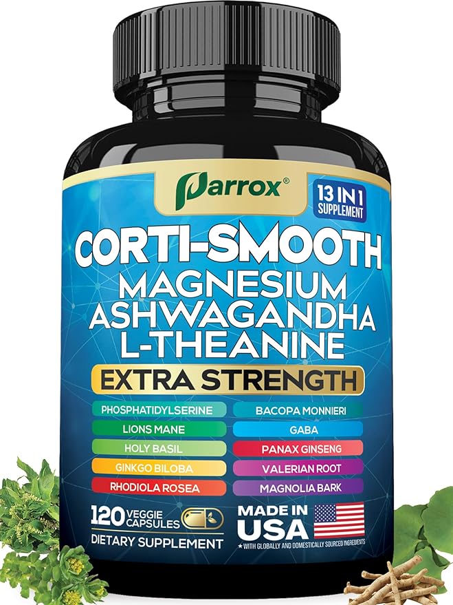 Corti-Smooth Cortisol Supplement Magnesium L-Theanine Ashwagandha Magnolia Bark Panax Ginseng Bacopa Monnieri GABA Lions Mane Ginkgo Biloba Phosphatidylserine Valerian Root (120 Caps)