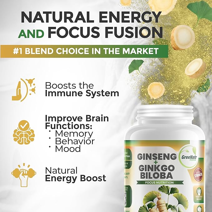 GreeNatr Ginko Biloba &amp Panax Ginseng Supplement - Red Ginseng for Memory and Focus - Ginkgo Biloba for Good Vision Immune System and Improved Blood Flow (360 Tablets: 6 Bottles)