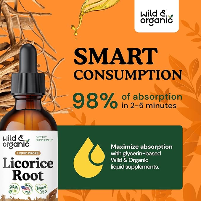 Wild &amp Organic Licorice Tincture - Digestive Support - Pure Licorice Root Extract Drops - Glycyrrhiza Glabra - Vegan Sugar &amp Alcohol-Free Supplement - 2 fl oz