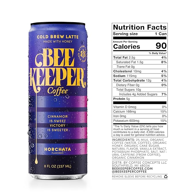 Beekeeper Horchata Latte Cold Brew Coffee Drinks with Oregon Honey | 12 Pack Refreshing Iced Coffee - Unsweetened &amp Strong Arabica Brew 8 fl oz Ready-to-Drink Can - 180mg Natural Caffeine