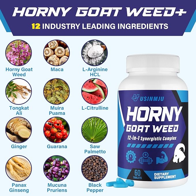 Hornygoatweed for Men 12 In 1 HornyGoatWeed Male Enhancing Supplement with 1500mg Hornygoatweed 500mg Maca Root Ginseng Tongkat Ali Ginger for Stamina &amp Energy Max Strength - 120 Tablets