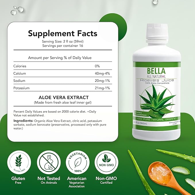 Bella all Natural Aloe Vera Juice 32 Fl Oz - Organic Aloe Vera Juice for Hair Growth Skin &amp Stomach Health - Pure Aloe vera drink for Reducing Digestive Support &amp Glowing Skin.