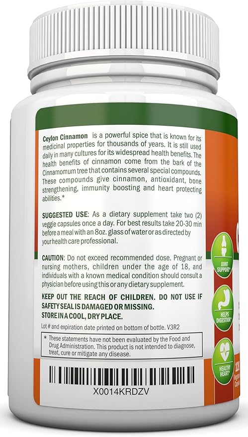 Organic Ceylon Cinnamon 1200 mg | 120 Vegan Capsules | True Cinnamomum verum from Sri Lanka | Non-GMO Third-Party Lab Tested Low Coumarin GMP Certified