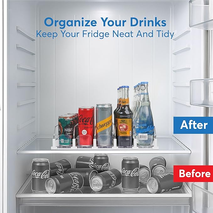 Dwella Drink Organizer for Fridge with Pusher Glide 5 Rows Spring Loaded Fridge Drink Dispenser Self Pushing Soda Can Organizer for Refrigerator Bottle Beverage Organizer for Fridge Drink Holder