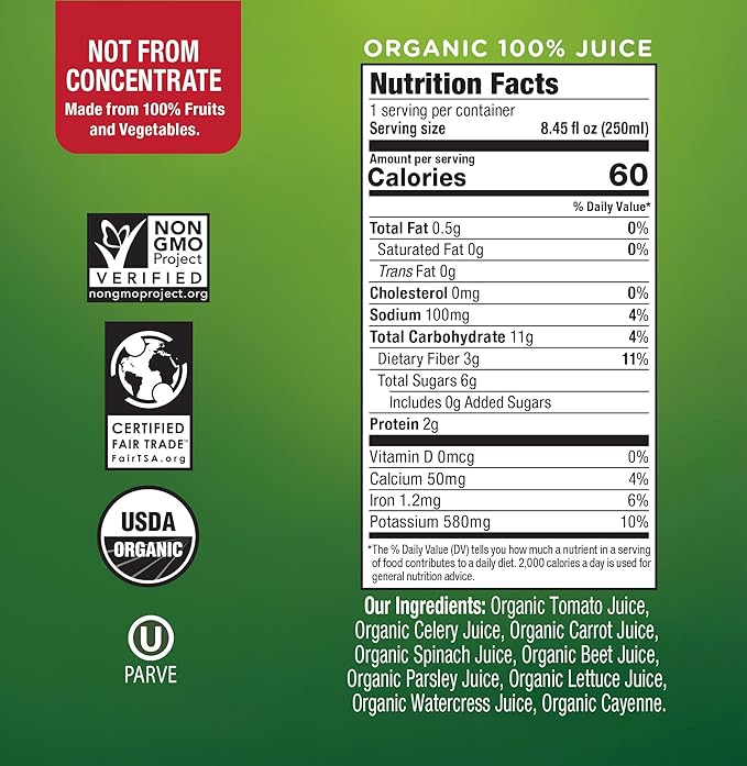 Wonder Green 100% Organic Veg8 + Cayenne Cold Pressed Juice 8.45 oz (6 Pack) | Vegetable Juice Blend All Natural No Additives or Preservatives Not from Concentrate
