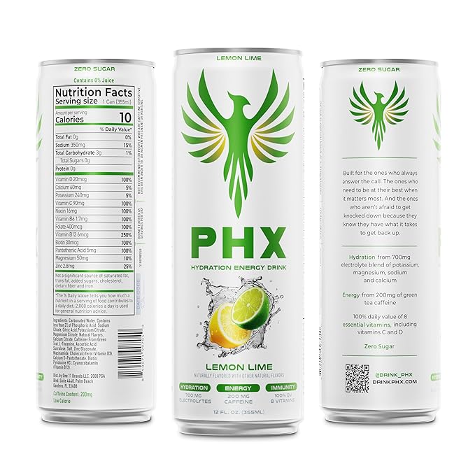 PHX Hydration Energy Drink - 700mg Electrolytes 200mg Natural Green Tea Caffeine 100% Daily Value 8 Essential Vitamins - 12 oz Cans (12 Pack) (12 Pack Lemon Lime)