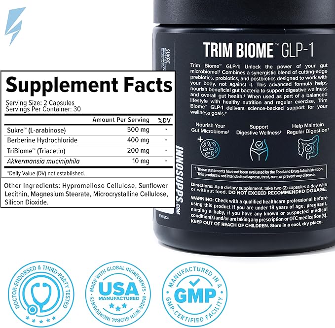 InnoSupps Trim Biome GLP-1 - Gut Health + Metabolic Support* - Prebiotic + Probiotic + Postbiotic - Akkermansia + Berberine - 60 Capsules. 30 Servings