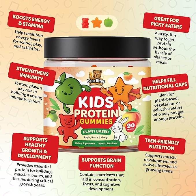 Bear Bites Gummies-Plant Based Kids Protein Gummy– Vegan Sugar-Free Gluten-Free Vitamin C – Immunity Booster Protein Snacks –Tasty Apple Peach Mango Flavors –90 Count –No Artificial Flavors