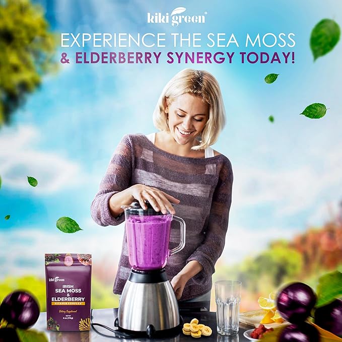 KIKI Green Sea Moss Powder with Elderberry - Vegan Superfood Multivitamin Blend - for Immune Boost and Support - Add to Smoothies Juice 6 oz