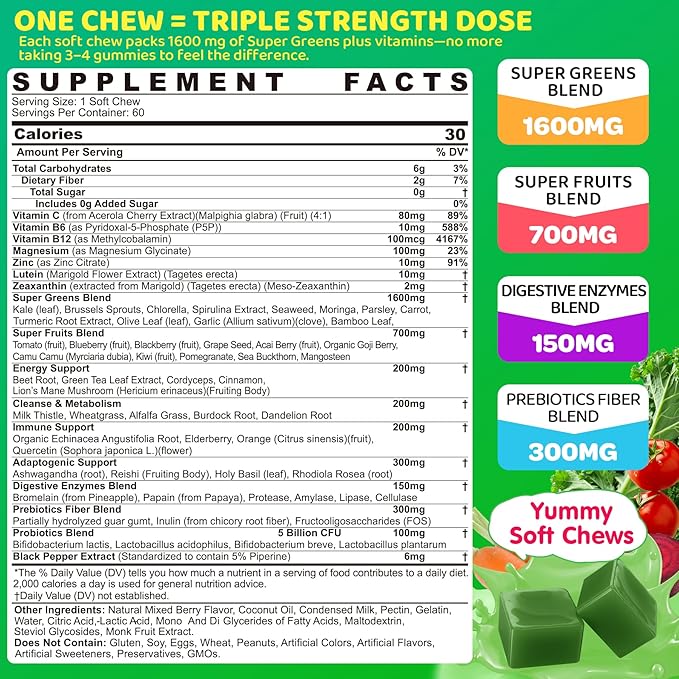 Super Greens Soft Chews Greens Superfood Supplement w/Spirulina Chlorella Lutein Digestive Enzymes &amp Fiber Multivitamins – Daily Greens Support for Energy Metâbölism Vision &amp Gut Health