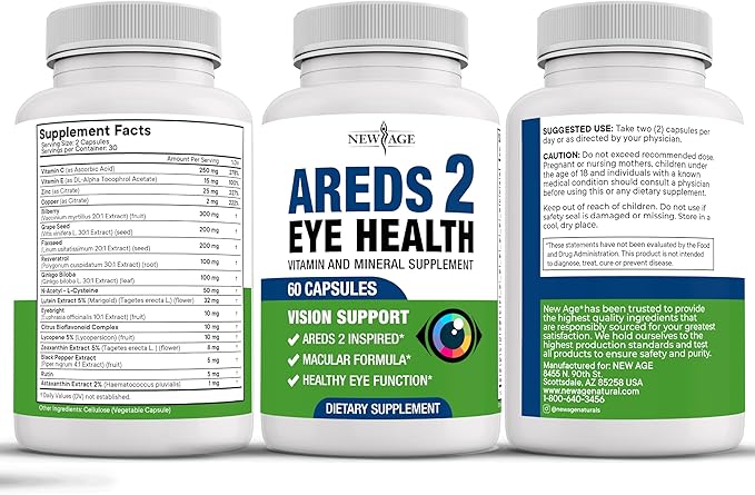 NEW AGE AREDS 2 Eye Vitamin Contains Bilberry 6000mg Lutein (32mg) Grape seed (6000 mg) Eyebright (1000 mg) and Zeaxanthin (8 mg) - 120 Count