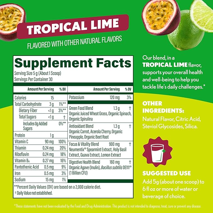 Amazing Grass Sweet Greens and Superfoods Powder for Digestive Health Greens Powder Digestive Enzymes Probiotics Spirulina Chlorella Tropical Lime 30 Servings
