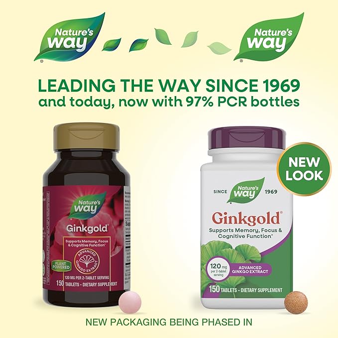 Nature's Way Ginkgold Advanced Ginkgo Extract Supplements for Support of Memory and Focus* Ginkgo Biloba Extract Supports Focus &amp Cognitive Function* 150 Tablets (Packaging May Vary)