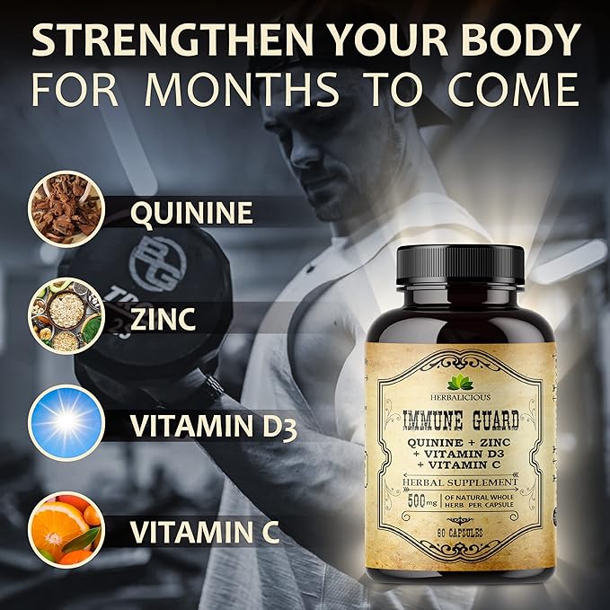 HERBALICIOUS Quinine Immune Guard - Quinine Capsules Supplement with Vitamin C D3 Zinc - for Muscle Cramps Relief &amp Stomach Wellness - Non-GMO Cinchona Bark Herbal Supplements - 500mg 60 Capsul