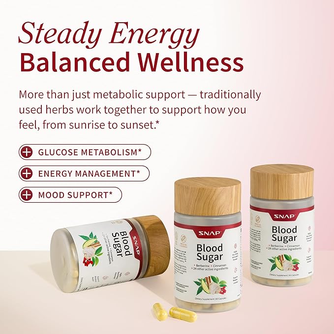 Snap Supplements Blood Sugar Blend with Berberine CoQ10 Cinnamon and Gymnema to Support Already Healthy Blood Sugar Metabolic Health and Energy Sugar Free 60 Capsules (Packaging May Vary)