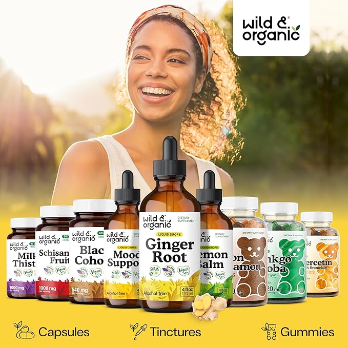 Wild &amp Organic Ginger Root Extract Drops - Immune &amp Digestive Support - Liquid Ginger Supplements - Vegan Sugar &amp Alcohol-Free Tincture - 4 fl oz