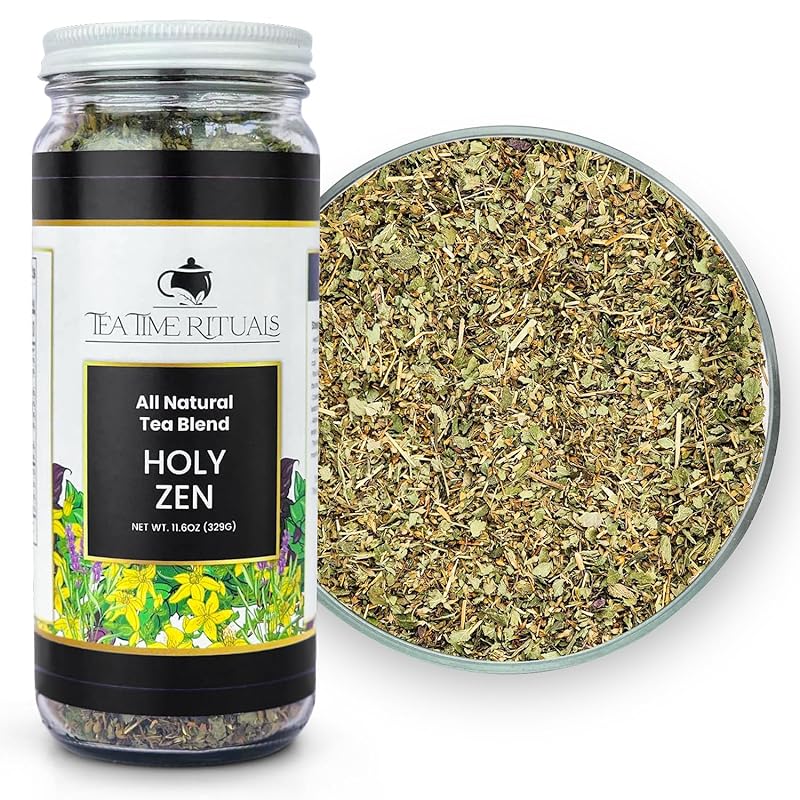 Holy Zen - All Natural Loose Leaf Herbal Tea Blend (Holy Basil Lemon Balm Catnip Saint Johns Wort Brahmi) 16oz Jar