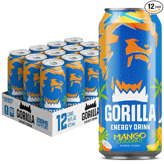 Gorilla Energy Drink Mango Coconut 200mg Natural Caffeine Real Fruit Juice Squeezed &amp Concentrated L-Theanine Taurine Ginseng Acetyl L-Carnitine No Added Sugar and No Artificial Colors 12