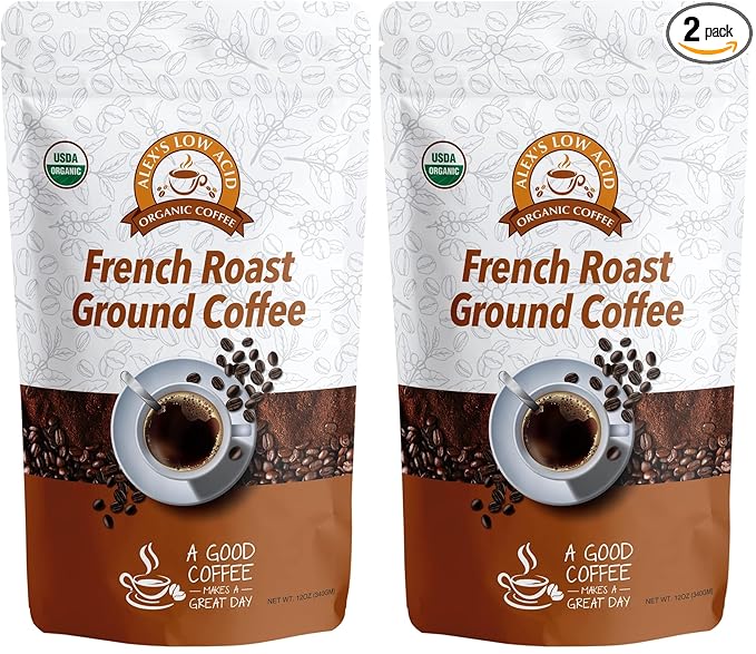 Alex's Low Acid Organic Coffee 12oz Bag - Fresh Ground French Roast (Pack of 2)
