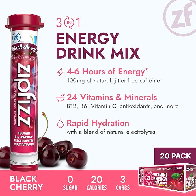 Zipfizz Daily Energy Drink Powder Black Cherry 20 Pack | 3-in-1 Sustained Energy Rapid Hydration and Essential Vitamins | Sugar-Free | Electrolyte Powder | Contains Vitamin B-12 &amp Antioxidants