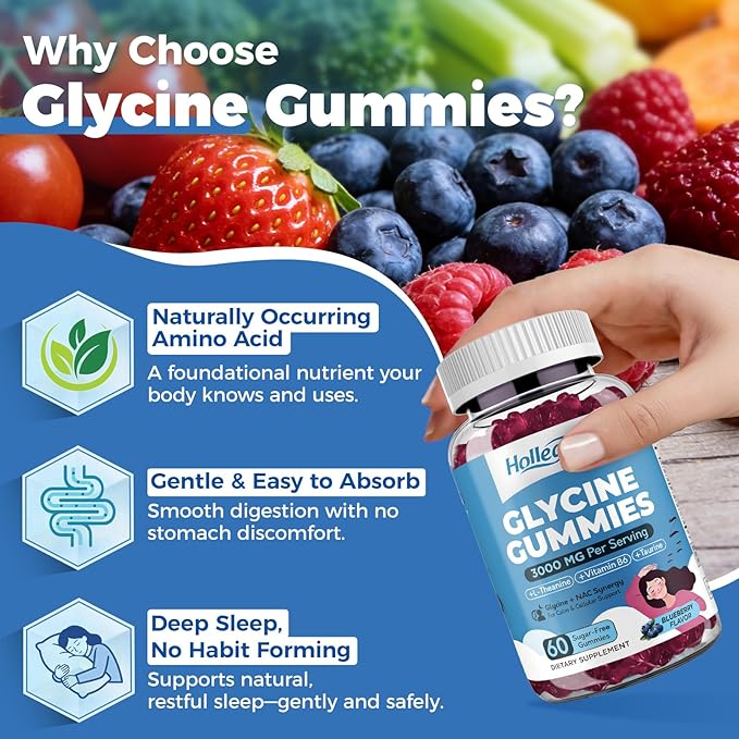 Glycine 3g Gummies Organic L-Glycine with NAC Supplements for Sleep &amp Cellular Support Plus B6 L-Theanine &amp Taurine for Nerve Liver Detox &amp Immune Health Sugar Free Vegan 60 Chews