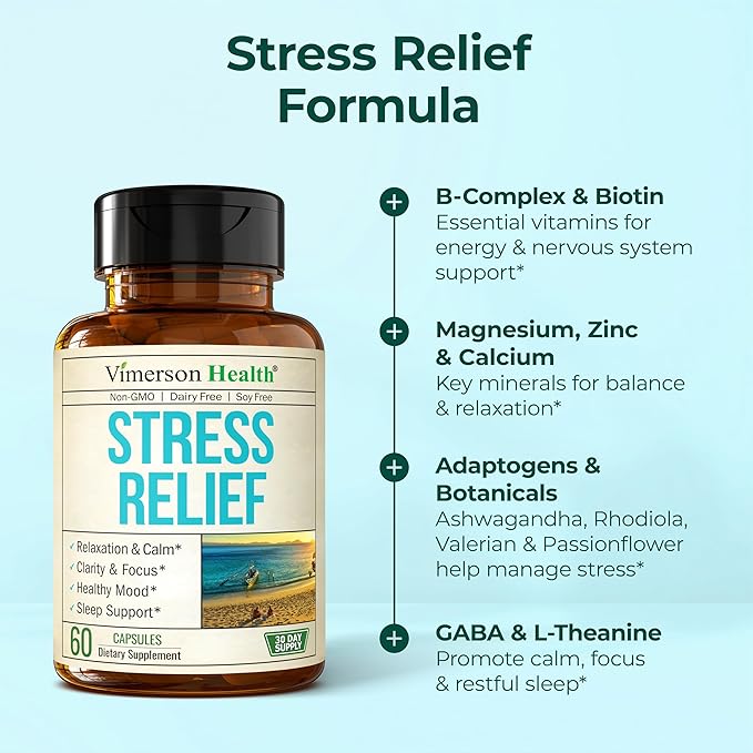 Stress Relief Supplement with 5HTP Ashwagandha Valerian St John’s Wort GABA Chamomile &amp B-Vitamins - Promotes Relaxation Sleep Calm &amp Balanced Mood Energy &amp Focus. Vegan Non-GMO