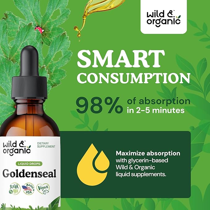 Wild &amp Organic Goldenseal Root Tincture - Lung Cleanse Immune &amp Digestive Support - Liquid Goldenseal Supplement - Vegan Sugar &amp Alcohol-Free Herb Drops - 2 fl oz