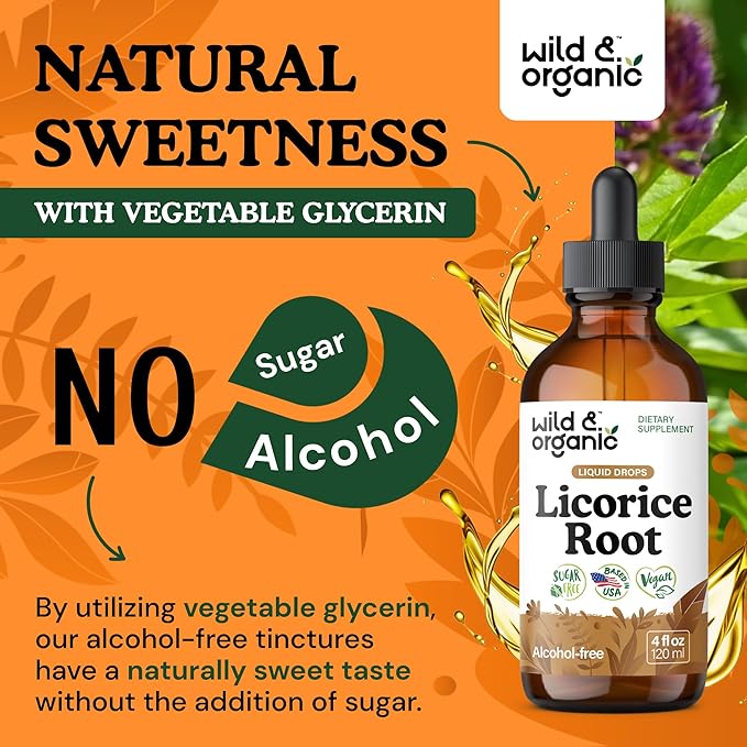 Wild &amp Organic Licorice Root Tincture - Digestive Lung &amp Skin Support - Licorice Root Extract Liquid Drops - Vegan Sugar &amp Alcohol-Free Supplement - 4 fl oz