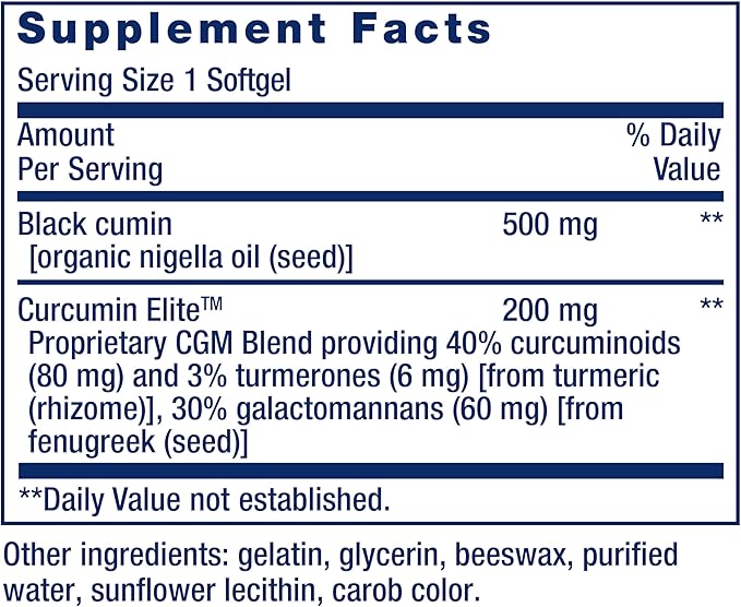 Life Extension Black Cumin Seed Oil and Curcumin Elite Black Cumin Turmeric Extract Immune Health Support high bioavailability Whole-Body Health Gluten Free Non-GMO 60 softgels