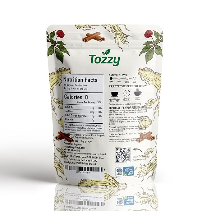 Tozzy Organic TurmericGinger &amp Cinnamon Tea – 100 Count Plant-Based Pyramid Tea Bags