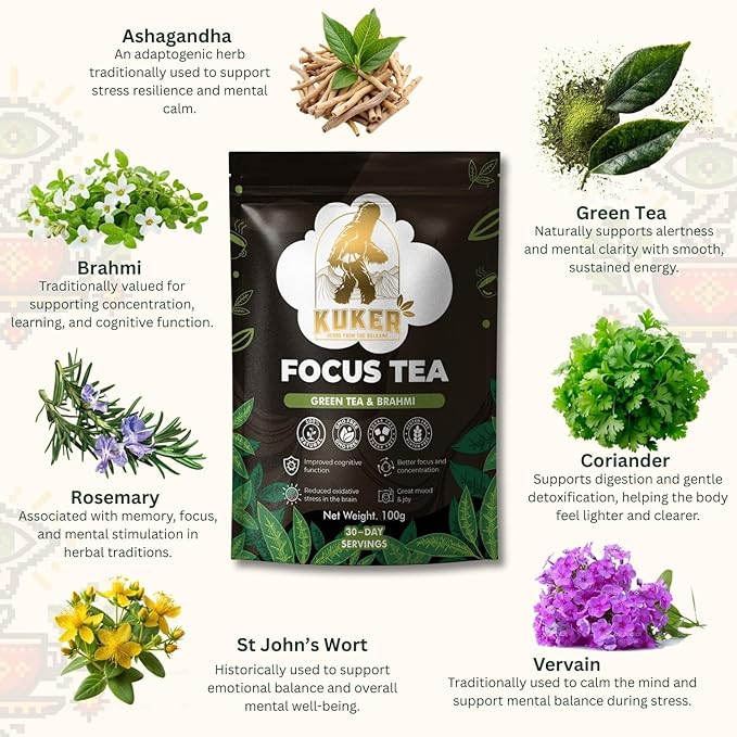 KUKER Focus Tea Loose Leaf 100g – Ashwagandha Brain Boost Herbal Mix with Green Tea Brahmi Ashwagandha &amp Rosemary – Natural Nootropic for Mental Clarity &amp Concentration