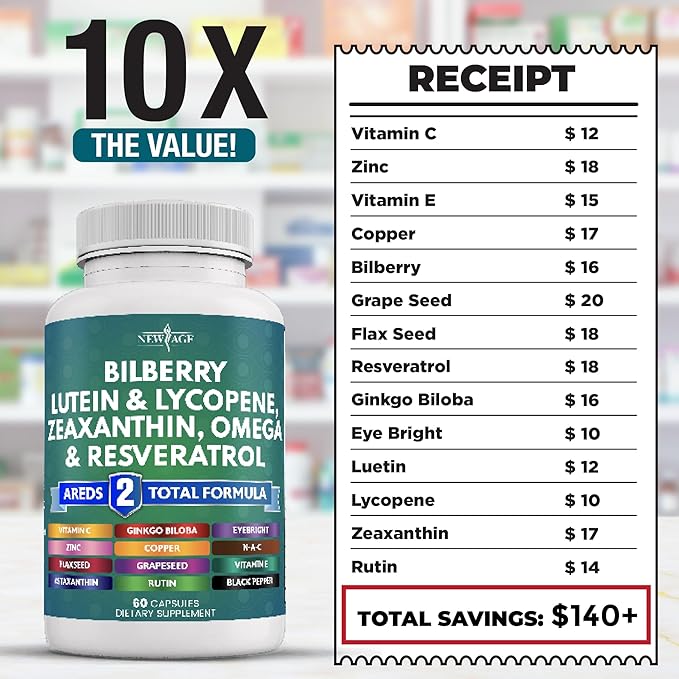NEW AGE Eye Health Vitamins with Bilberry 300mg Lutein &amp Zeaxanthin 40mg Lycopene 40mg Resveratrol 100mg Grape Seed Extract 200mg Astaxanthin - Eye Vitamin -120 Count