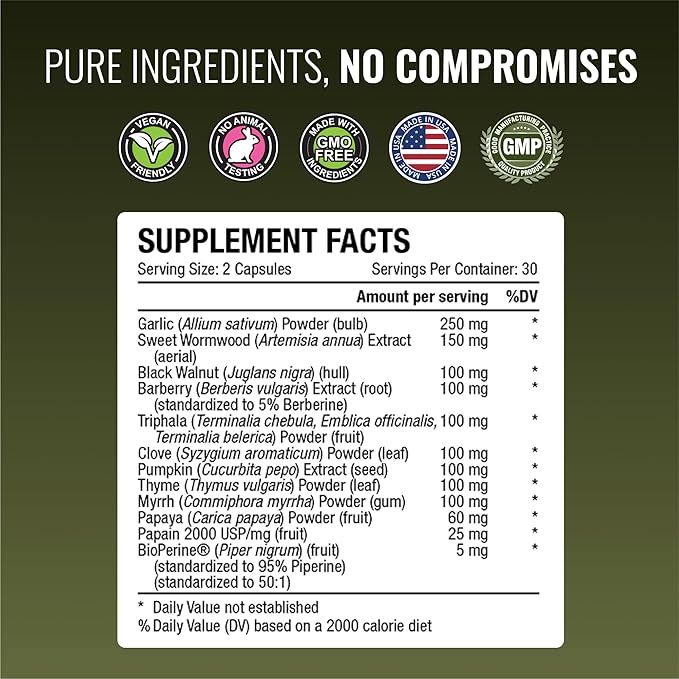 Approved Science Parastrin - 60 Capsules - Black Walnut Garlic Bulb Papain 2000 BioPerine - Vegan