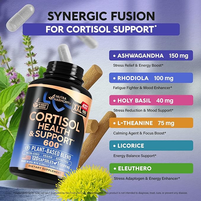 Cortisol Supplement for Women - Holy Basil | Ashwagandha | Rhodiola | L-Theanine - Plant-Based Hormone Balance - Mood Focus &amp Sleep Support - Made in USA - Vegan Non-GMO - 120 Capsules for 4 Mon
