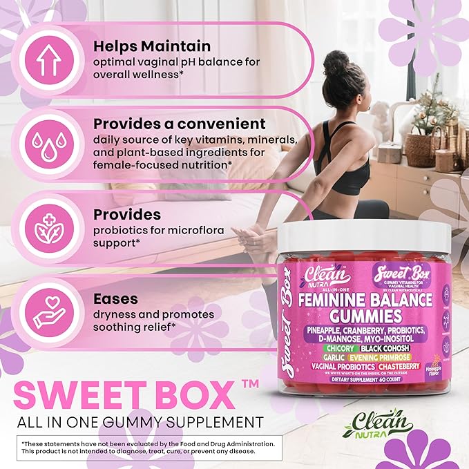 Clean Nutra Feminine Balance Gummies for Women Pineapple VaginalProbiotics pH Balance Cranberry D Mannose Supplement Inositol Black Cohosh Evening Primrose Garlic Vitex GLA Prebiotics Folate 60ct