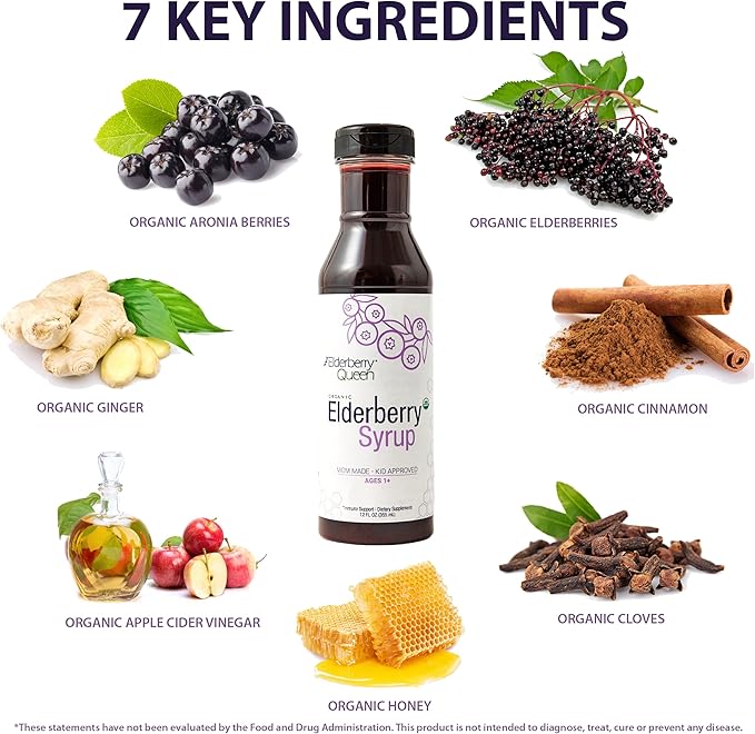 Elderberry Queen Organic Elderberry Syrup 12 Fl Oz - Immune Support Formula with Sambucus Black Elderberry &amp Aronia Berry - Pure Natural Certified Organic Elderberry Syrup for Kids and Adults