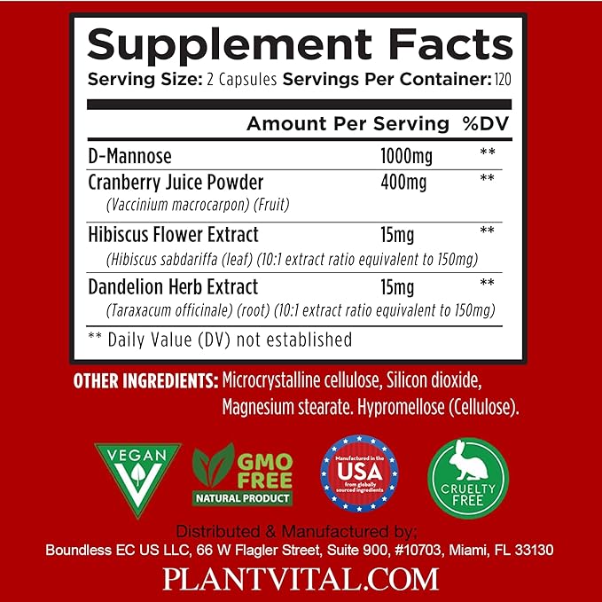 Plantvital D Mannose Capsules with Cranberry - D-mannose 1000mg Capsules - High Potency for Bladder Kidney and Urinary Tract Support. Cranberry Powder with Hibiscus and Dandelion.4 Months Supply