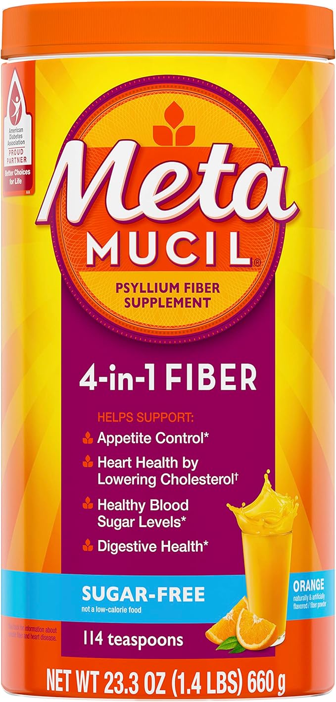 Metamucil 4-in-1 Psyllium Husk GLP-1 Friendly Fiber Supplement Sugar-Free 114 teaspoons Orange Flavored Daily Fiber Powder for Digestive Health made with Plant-Based Psyllium Husk Fiber