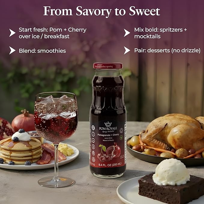 Pure Pomegranate &amp Cherry Juice 8.4oz Glass Bottle (Pack of 12) Cold Pressed Juice Not from Concentrate Non-GMO No Sugar Added Gluten Free Kosher Certified Preservative Free