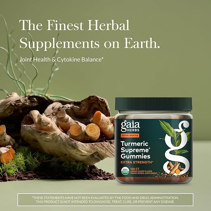 Gaia Herbs Turmeric Supreme Gummies Extra Strength - Supports Healthy Inflammatory Response in Healthy Individuals* - Lemon Ginger Flavor - 120 Vegan Organic Gummies (40 Servings)