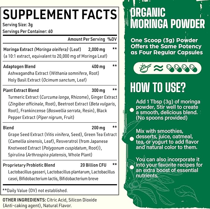 Moringa Powder Organic 2000MG 18 in 1 Moringa Oleifera Leaf Powder with Ashwagandha Rhodiola Turmeric Probiotics for Energy Mood* - Green Superfood - 60 Servings