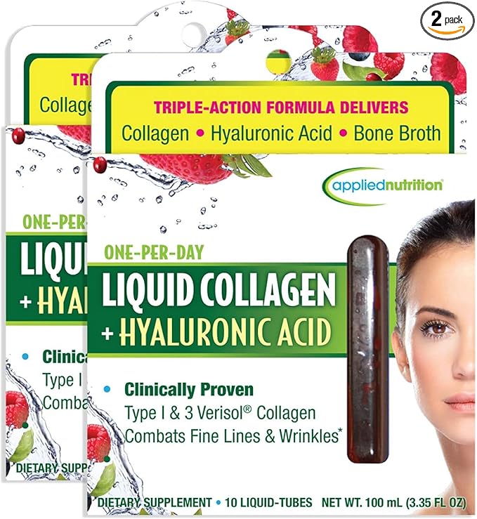 Applied Nutrition Liquid Collagen + Hyaluronic Acid - 10 Liquid Tubes Pack of 2 - Skin &amp Nail Restoration - Mixed Berry Flavor - 20 Servings
