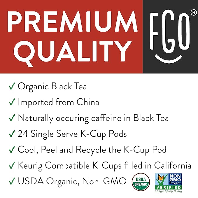FGO Organic Black Tea K-Cup Pods for Keurig 24 Count (Pack of 1) Premium Black Tea is USDA Organic Non-GMO &amp Recyclable with Naturally Occurring Caffeine
