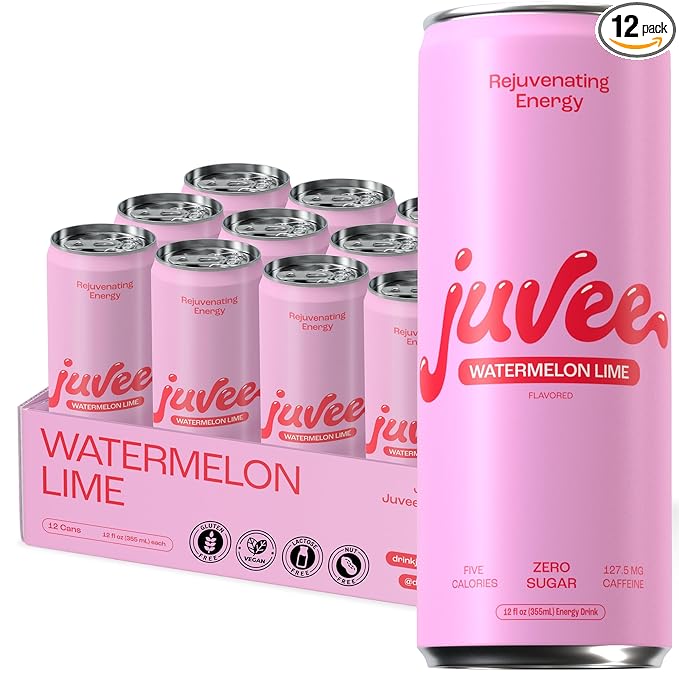 Juvee Rejuvenating Energy Drink – Sugar Free Watermelon Lime Flavor 12 oz Cans (12-Pack) – 128mg Natural Caffeine Zero Sugar Low Calorie Clean Energy &amp Focus Booster for Daily Use