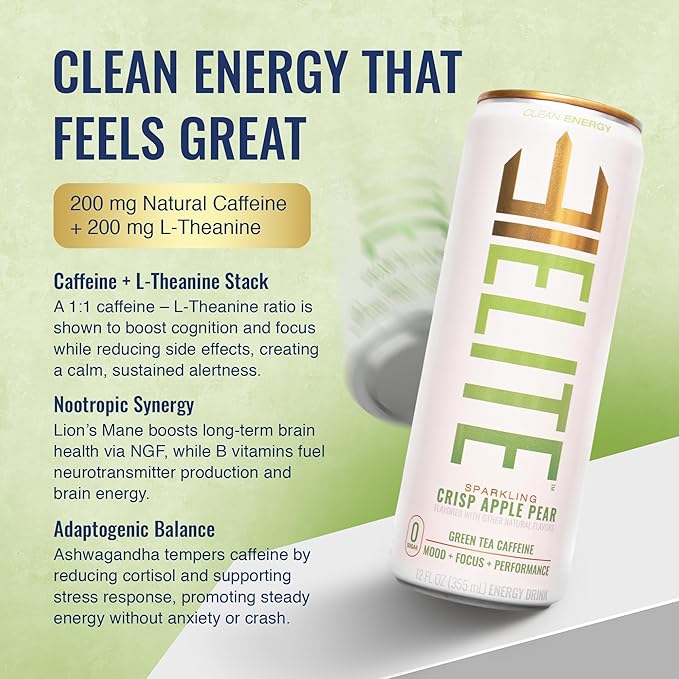 ELITE Energy – Energy Drink Variety Pack – Clean Green Tea Caffeine with L-Theanine – Zero Sugar 10 Calories Naturally Sweetened Functional Energy for Focus &amp Performance – 12 Pack – Variety Fla