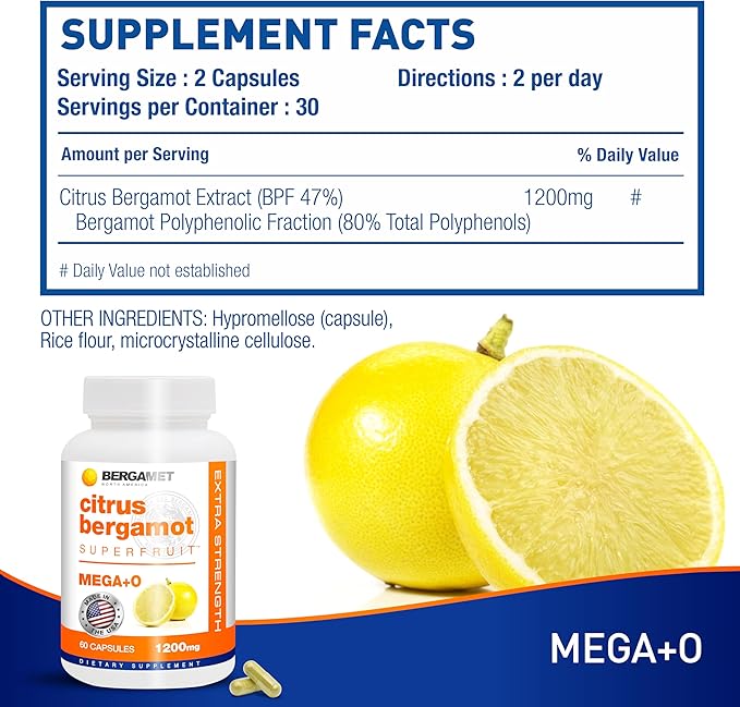 BergaMet Citrus Bergamot Supplement 170:1 Extract 1200mg per Serving 80% Polyphenols Italian Citrus Bergamot Supplement 120 Capsules 2 Months Made in the USA