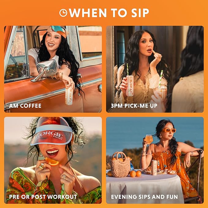 GORGIE Sugar Free Natural Energy Drinks Jaclyn Hill Orange Twist (12 Pack) Healthy Sparkling Energy Drinks Natural Coffee Replacement with Green Tea Caffeine and Biotin Vegan Low Calorie
