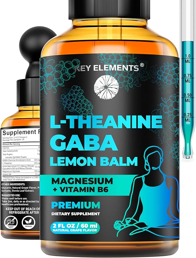 KEY ELEMENTS Liquid GABA with L Theanine Supplement | GABA 500mg and L-Theanine 200mg with Lemon Balm Extract and Magnesium with Vitamin B6