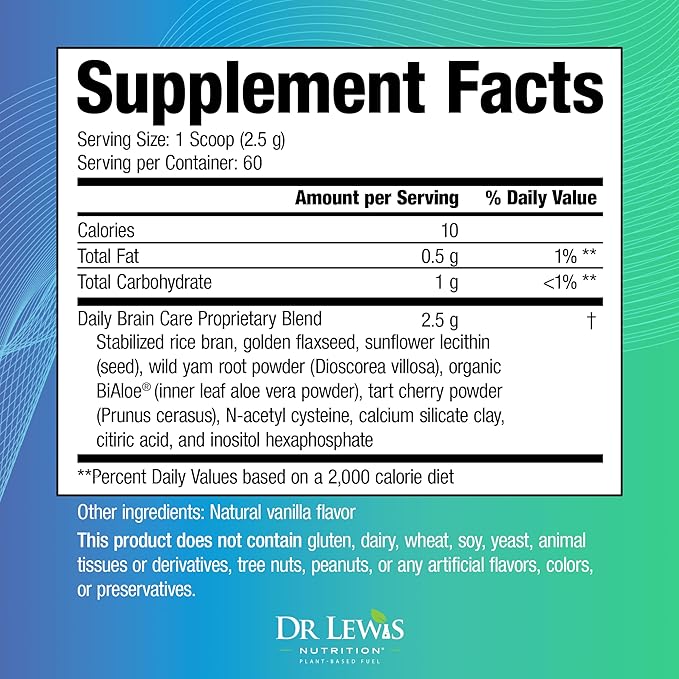 Brain Supplements for Memory and Focus – Dr Lewis Daily Brain Care Powder with Aloe Vera – Plant-Based Nootropic and Energy Supplement for Brain Fog Mental Clarity and Immune Support – Powder 150g