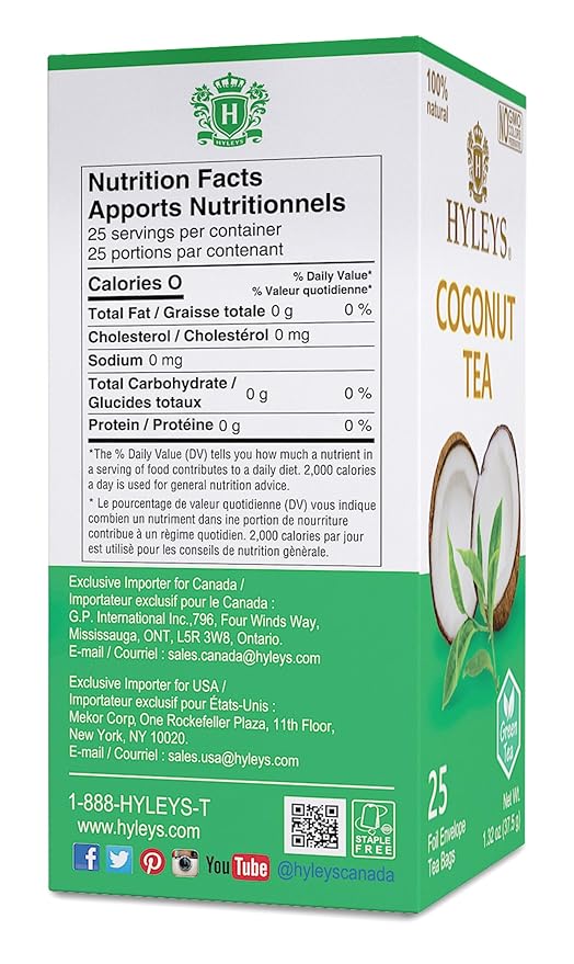 12 Pack of Hyleys Natural Wellness Coconut With Green Tea - 25 Tea Bags (100% Natural Gmo Free Gluten Free Dairy Free Sugar Free)